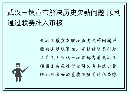 武汉三镇宣布解决历史欠薪问题 顺利通过联赛准入审核