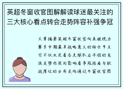 英超冬窗收官图解解读球迷最关注的三大核心看点转会走势阵容补强争冠 英超冬窗收官图解解读球迷最关注的三大核心看点转会走势阵容补强争冠