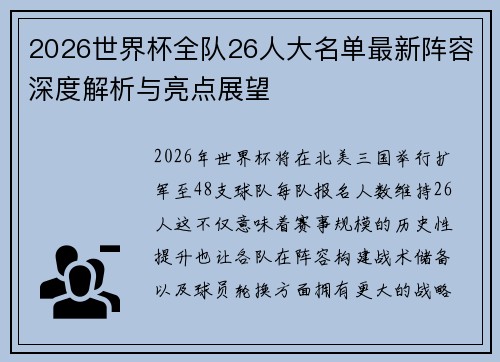 2026世界杯全队26人大名单最新阵容深度解析与亮点展望